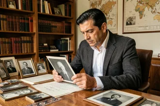 Homme d'âge mûr aux traits méditerranéens examinant des photographies de famille anciennes dans un bureau chargé d'histoire, évoquant la recherche des origines familiales