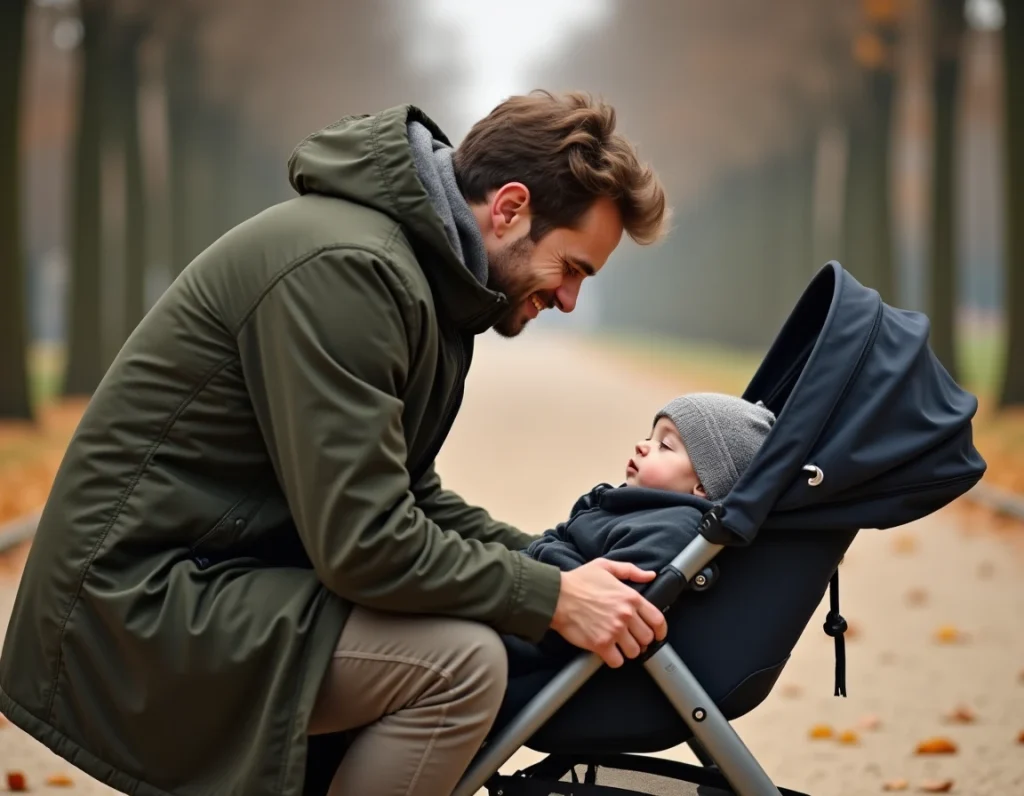 Papa surveillant son bébé d'un an endormi dans sa poussette dans le jardin des Tuileries à Paris