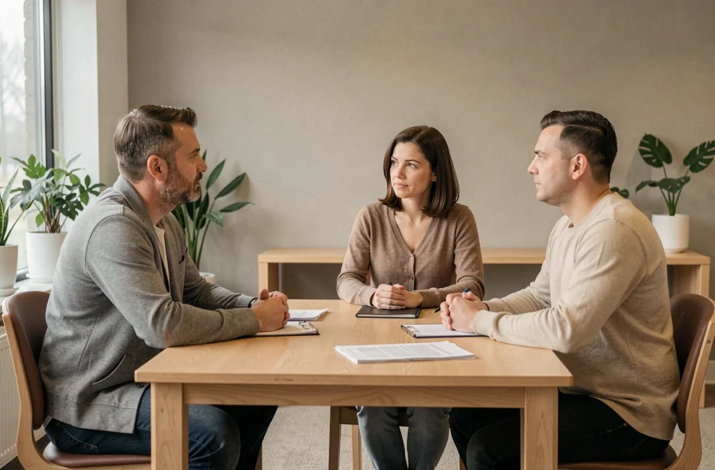 Parents et avocat en consultation dans un centre de médiation familiale, représentant l'assistance juridique des parents dans le cadre d'une procédure d'assistance éducative