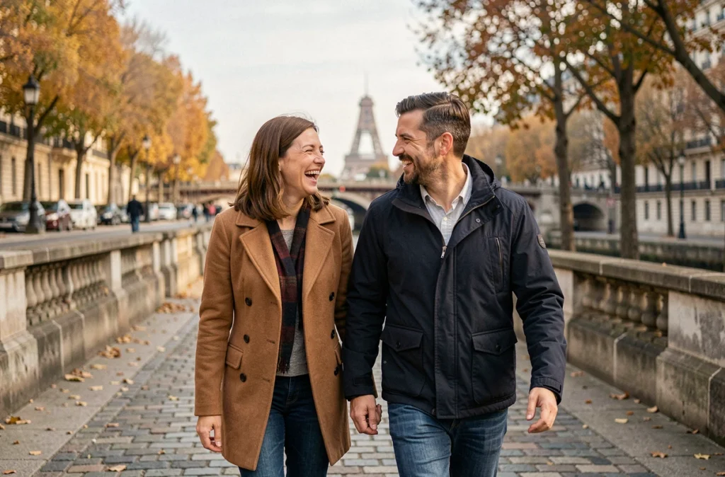 Couple se promenant au bord de la Seine en automne, évoquant la chronologie amoureuse et les relations sentimentales