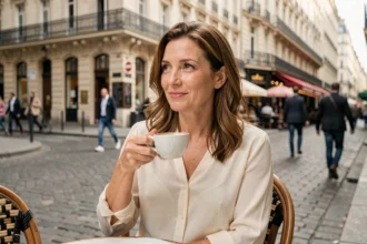 Femme élégante assise en terrasse d'un café parisien, illustrant la vie amoureuse et personnelle de Pauline Sanzey