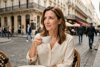 Femme élégante assise en terrasse d'un café parisien, illustrant la vie amoureuse et personnelle de Pauline Sanzey