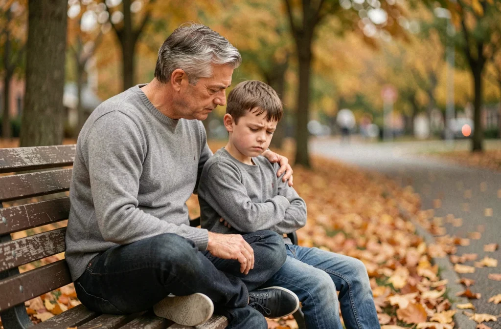 Père assis sur un banc de parc en automne écoutant son fils frustré pour l'aider à exprimer ses émotions