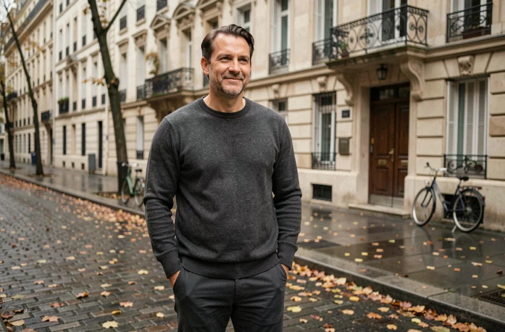 Personnalité médiatique marchant dans une rue parisienne résidentielle en automne, symbolisant le contraste entre la notoriété publique et l'intimité de la vie familiale