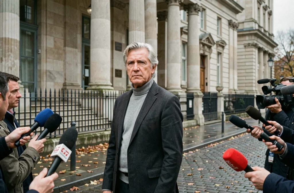 Personnalité publique française devant un palais de justice parisien entourée de journalistes, illustrant la tension entre exposition médiatique et vie privée