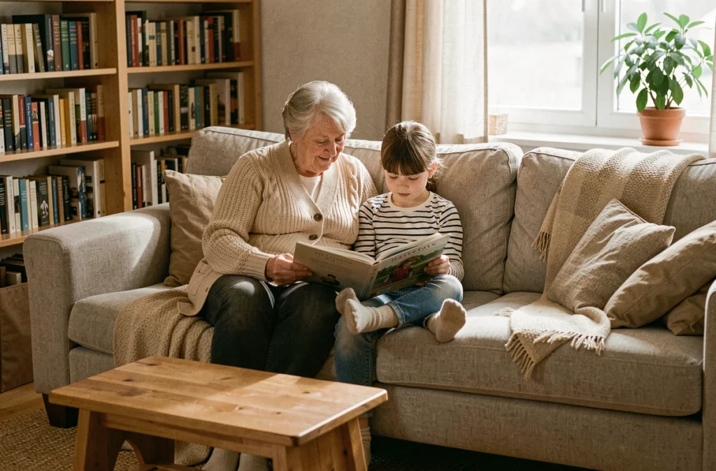 Grand-mère et petite-fille lisant un livre ensemble sur le canapé du salon, rituel de lecture familiale quotidien