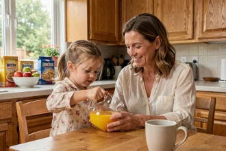Mère et fille partageant un petit-déjeuner ensemble dans une cuisine familiale chaleureuse, routine matinale apaisante