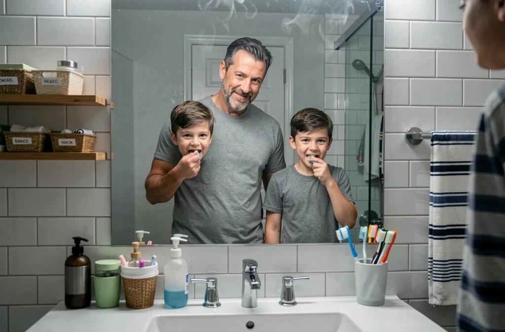 Père et deux fils se brossant les dents ensemble devant le miroir de salle de bain, routine du soir en famille