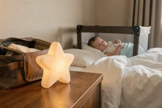 Veilleuse personnalisable en forme d'étoile posée sur une table de nuit d'hôtel avec un bébé endormi dans un lit de voyage en arrière-plan