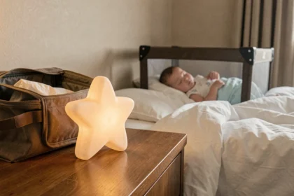 Veilleuse personnalisable en forme d'étoile posée sur une table de nuit d'hôtel avec un bébé endormi dans un lit de voyage en arrière-plan