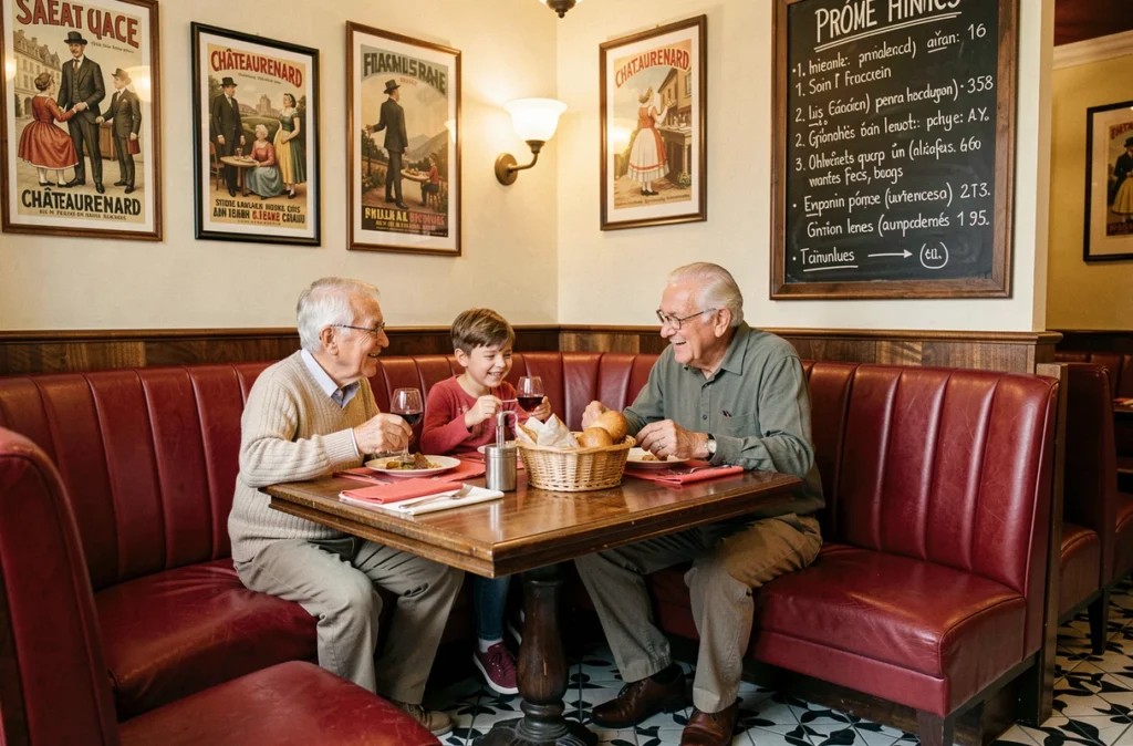 Grand-père et petits-enfants partageant un déjeuner traditionnel dans le décor bistrot classique du Bistrot de Mathieu à Châteaurenard