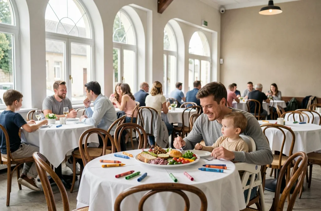 Famille avec jeune enfant dans sa chaise haute dégustant un repas généreux dans la salle lumineuse de la Brasserie des Lonnes à Châteaurenard