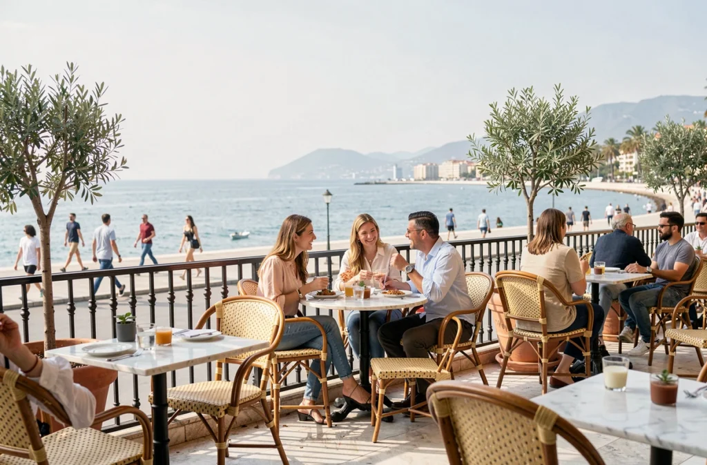 Famille déjeunant en toute décontraction sur la terrasse vue mer du Carpe Diem Nice avec vue sur la Promenade des Anglais