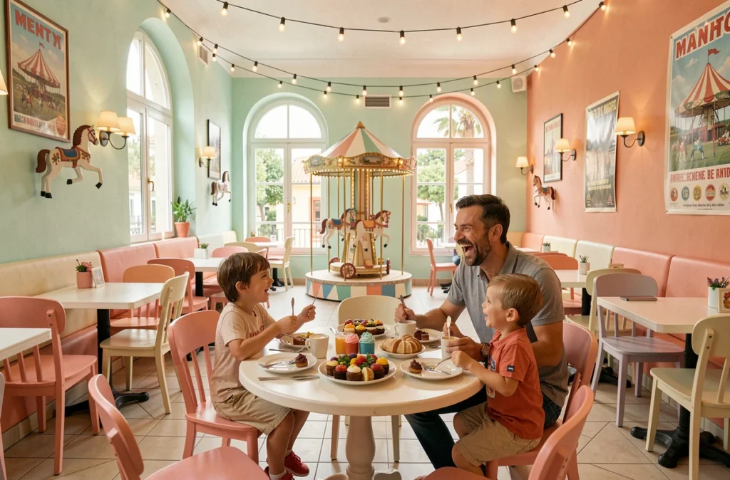 Père et enfants riant autour d'une table colorée au Carrousel Factory de Menton, dans une salle décorée sur le thème des manèges vintage