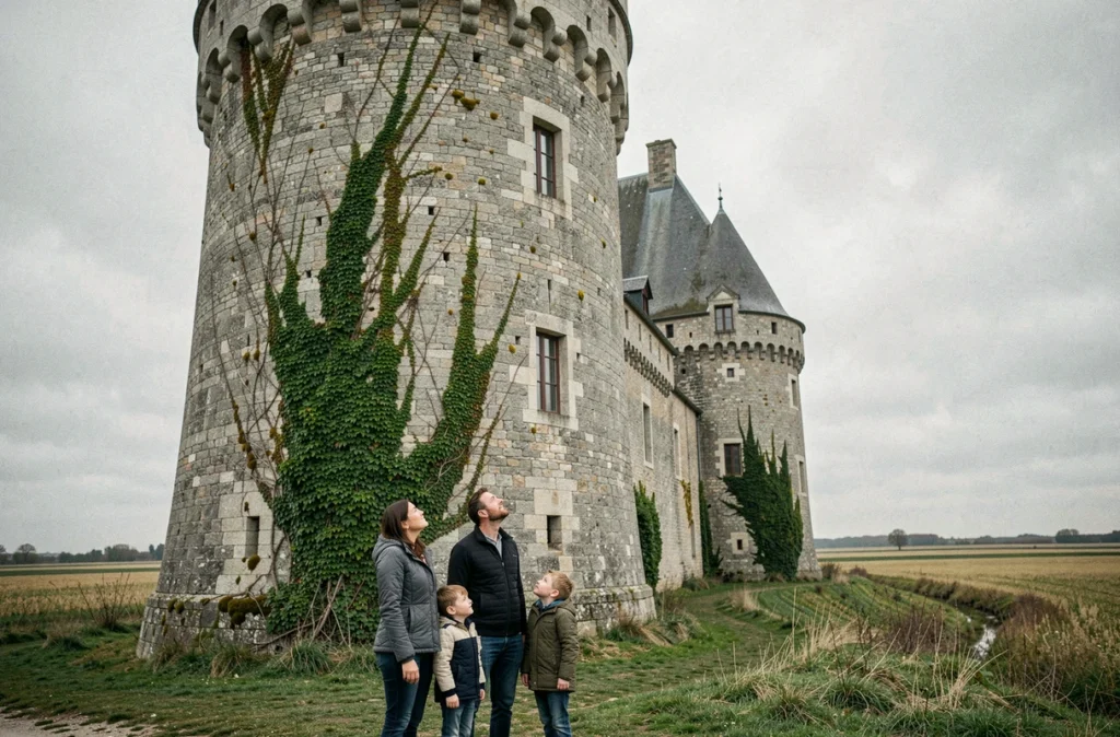 Une famille contemplant les tours médiévales du château de Blandy-les-Tours en Seine-et-Marne