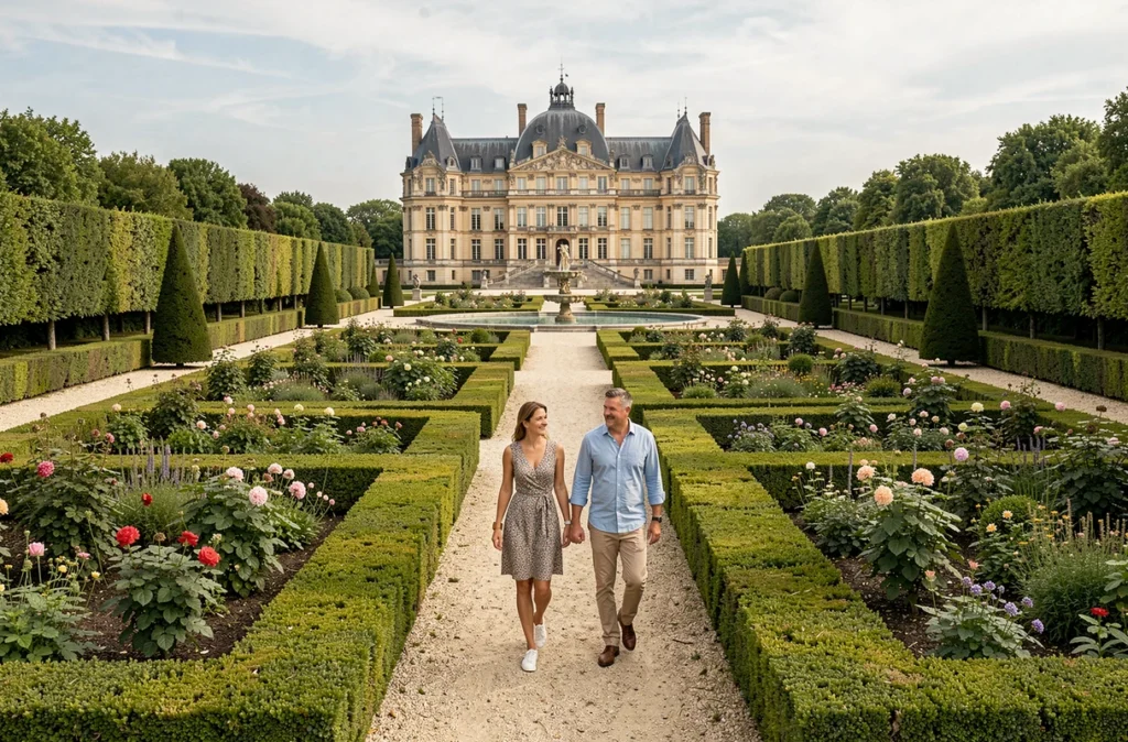 Un couple se promenant dans les jardins à la française du château de Vaux-le-Vicomte