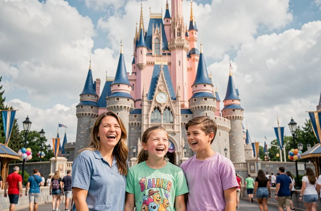 Une famille souriante devant le château emblématique de Disneyland Paris
