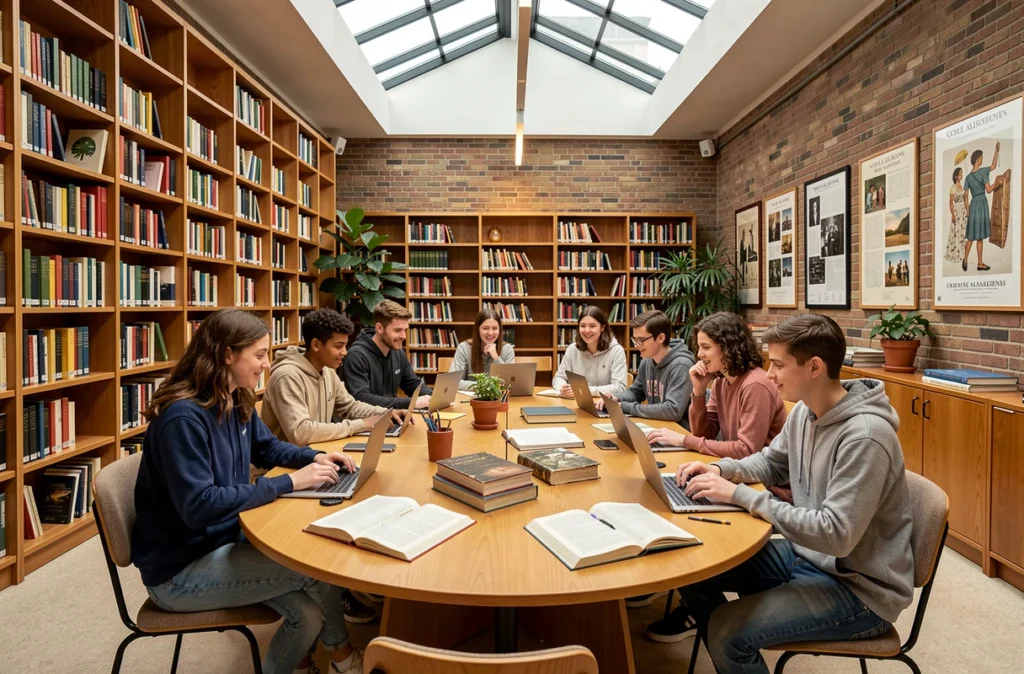 Élèves de l'École Alsacienne en travail collaboratif dans la bibliothèque moderne de l'école, Paris 6e