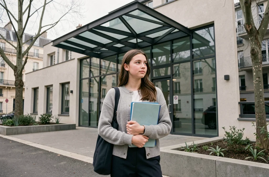 Élève de l'école Blomet devant la façade contemporaine de l'établissement dans le 15e arrondissement