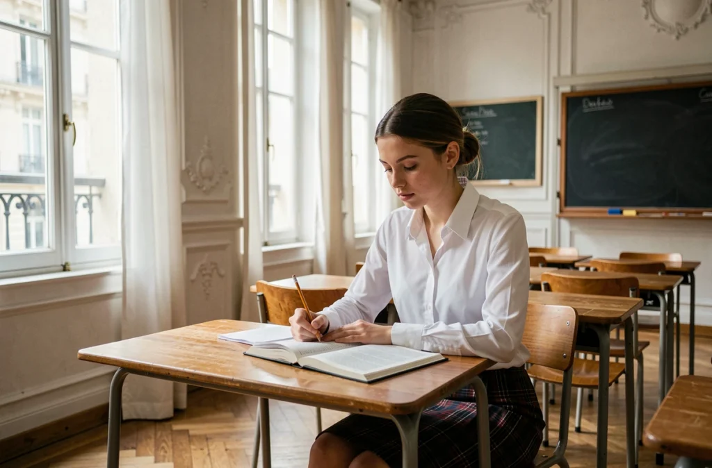 Élève de Fénelon Sainte-Marie concentrée sur ses études dans une salle de classe parisienne du 8e arrondissement