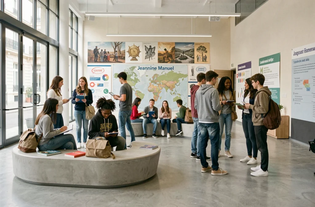 Élèves diversifiés de l'école bilingue Jeannine Manuel dans un espace commun moderne à Paris