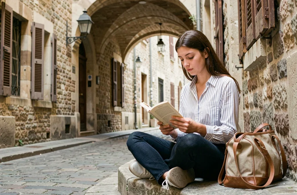 Étudiante des Francs Bourgeois lisant dans un passage historique du Marais, Paris 4e