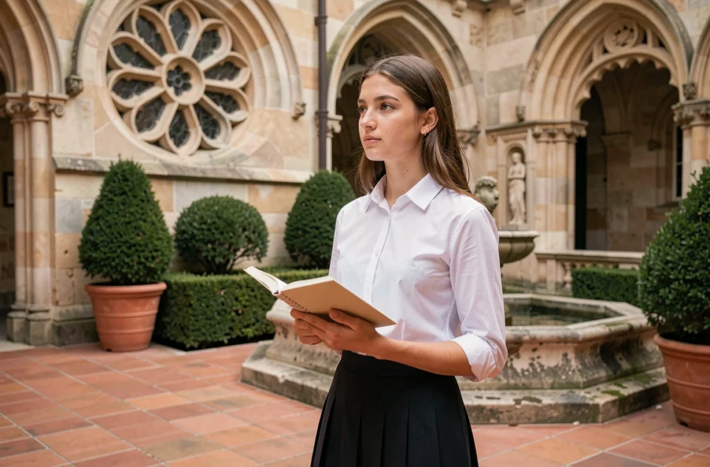 Élève de Notre-Dame de Sion dans le cloître en pierre de l'institution catholique parisienne