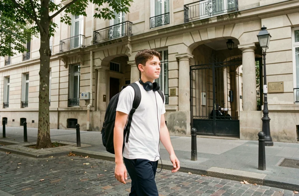 Élève de Saint-Michel de Picpus devant la façade de l'école dans le 12e arrondissement de Paris