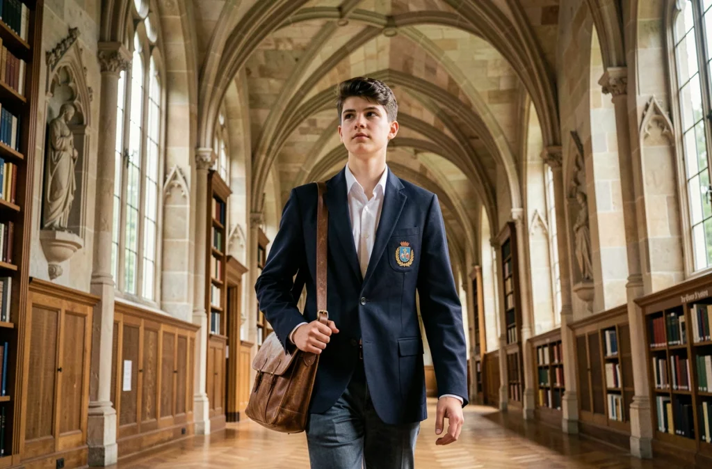Élève du lycée Stanislas marchant dans un couloir néo-gothique avec satchel en cuir, Paris 6e