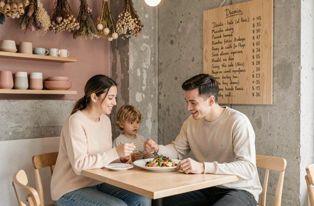 Jeune famille partageant un plat créatif et saisonnier dans l'atmosphère intime et minimaliste du restaurant Edith à Nice