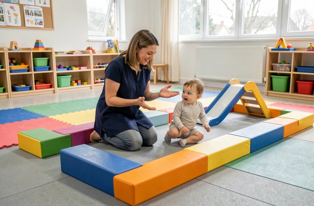 Éducatrice de crèche accompagnant deux bébés sur un parcours motricité professionnel avec rampe et tapis sensoriels