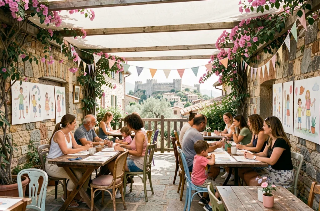 Familles profitant d'un repas convivial dans le jardin fleuri du restaurant Émilie and the Cool Kids à Saint-Paul-de-Vence