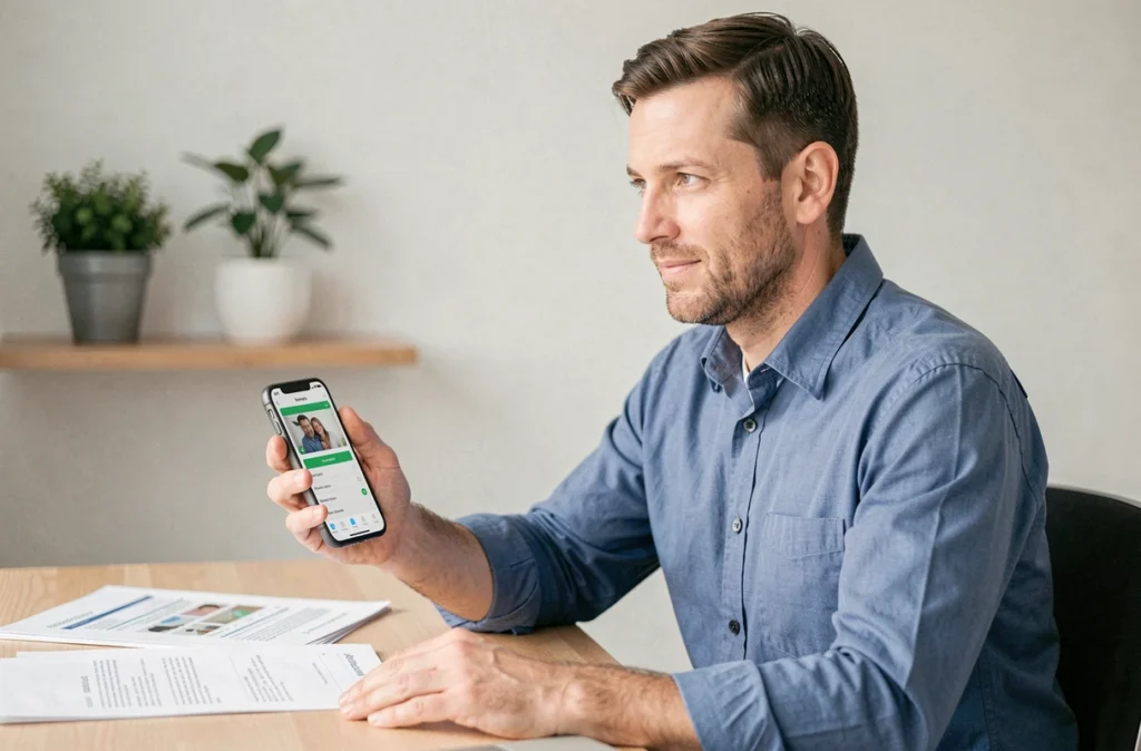 Homme consultant un compte famille en ligne sur smartphone dans un bureau à domicile