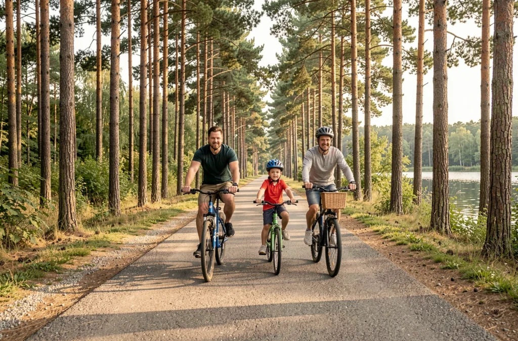 Une famille à vélo sur les chemins arborés de l'île de loisirs de Buthiers en Seine-et-Marne