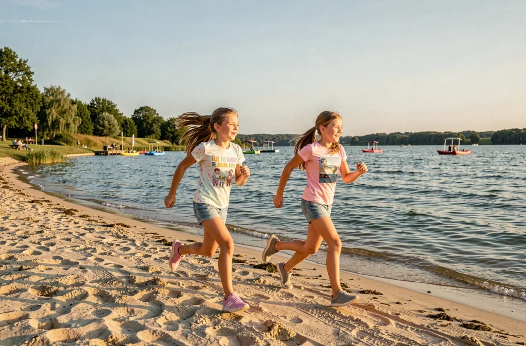 Deux adolescentes courant au bord du lac de l'île de loisirs de Jablines-Annet en été