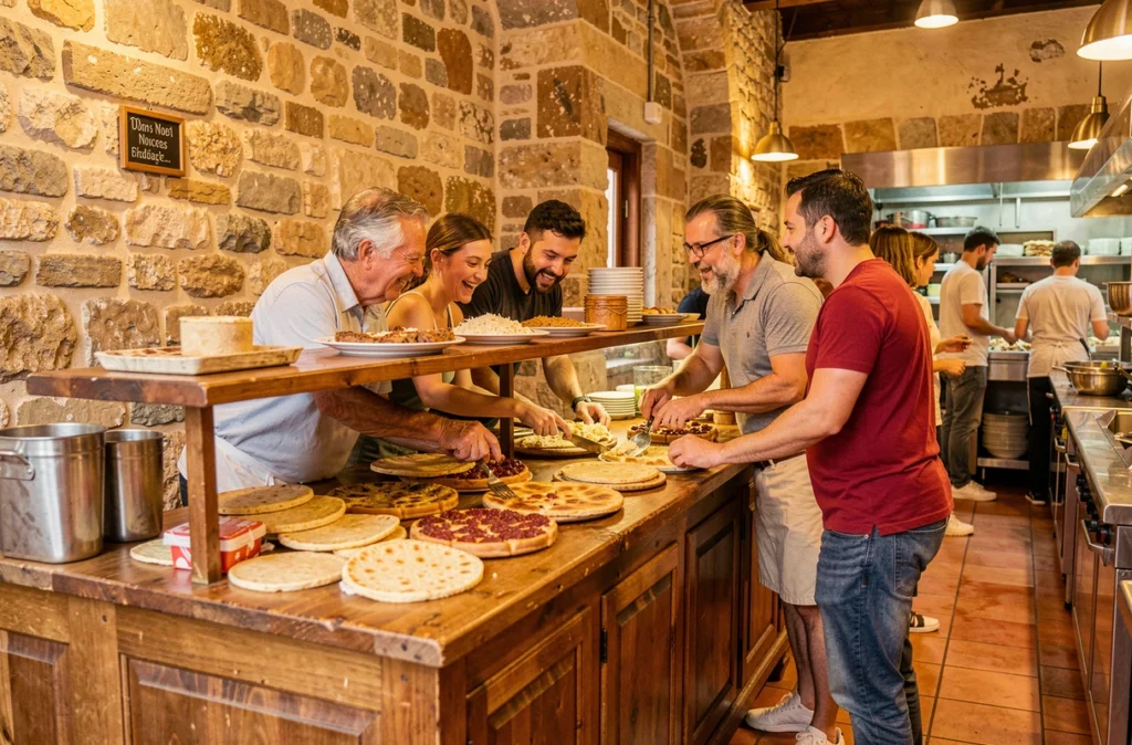 Famille découvrant les spécialités niçoises comme la socca au comptoir en pierre du restaurant Lou Pilha Leva dans le Vieux-Nice