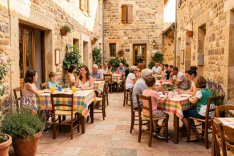 Terrasse animée d'un restaurant familial en Provence-Alpes-Côte d'Azur avec parents et enfants attablés dans une ambiance chaleureuse