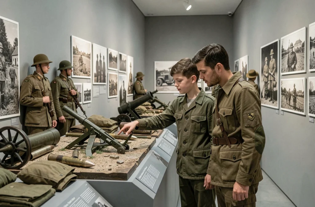 Un père et son fils devant une exposition du Musée de la Grande Guerre du Pays de Meaux