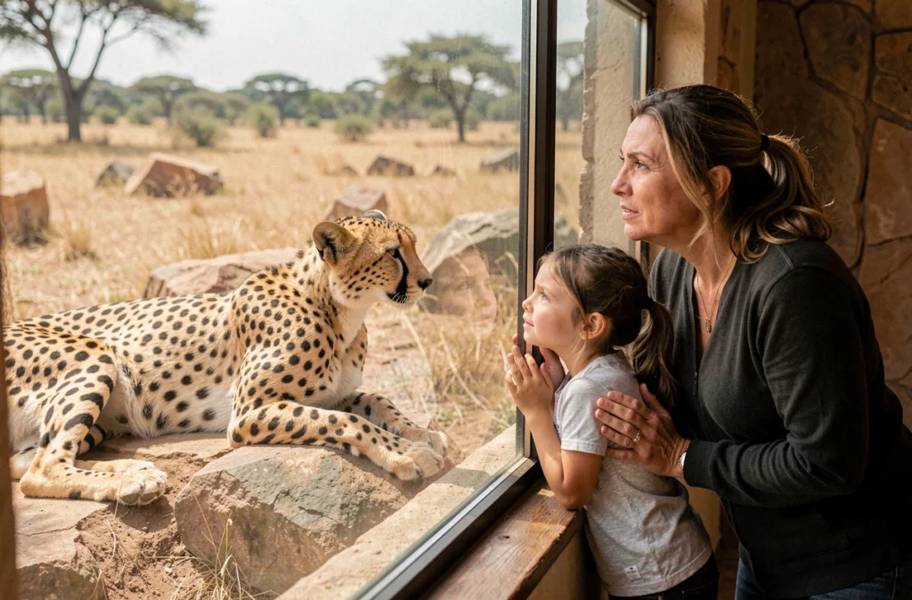 Une mère et ses enfants observant un guépard de près au Parc des Félins en Seine-et-Marne