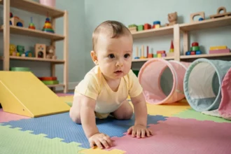 Bébé de 10 mois explorant un parcours motricité en crèche avec tapis en mousse texturés et tunnel souple