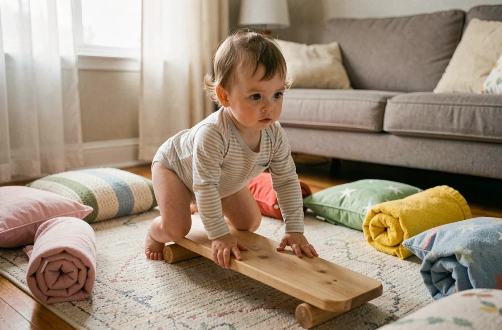Bébé fille pratiquant un parcours motricité maison avec coussins et planche d'équilibre dans le salon familial