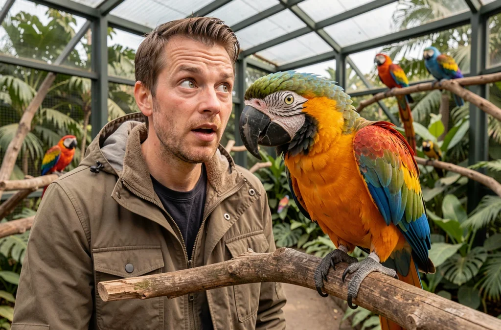 Un père et son fils admirant un perroquet coloré de près à Parrot World en Seine-et-Marne