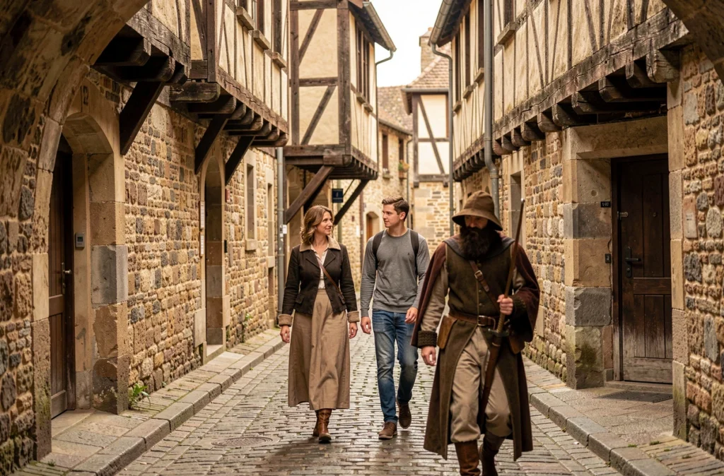 Une famille déambulant dans les ruelles médiévales pavées de la cité de Provins
