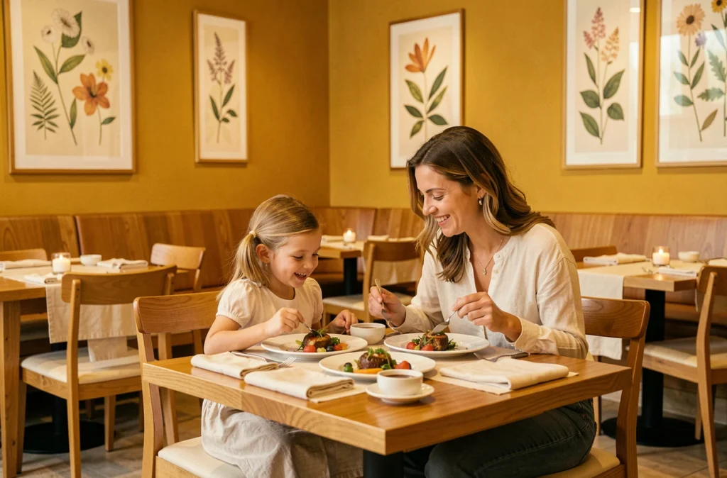 Mère et fille partageant un plat raffiné dans le cadre élégant aux tons safran du restaurant Safran à Nice