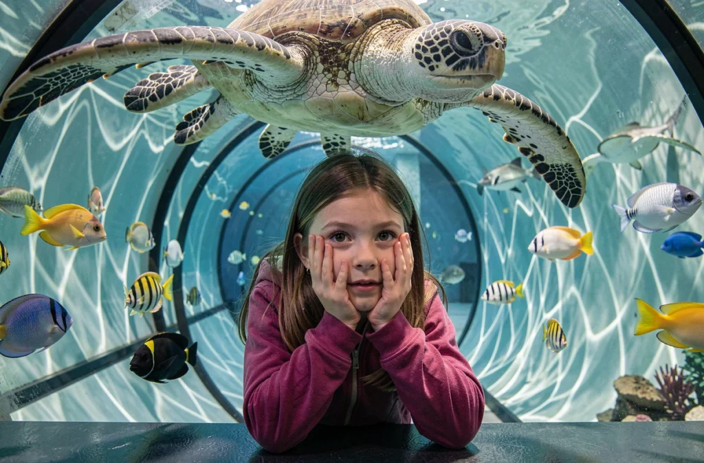 Une fillette émerveillée dans le tunnel aquatique de Sea Life Val d'Europe entourée de tortues marines