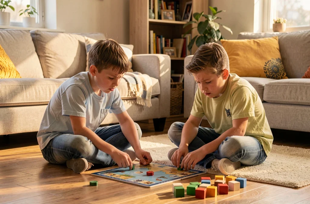 Deux garçons jouent à un jeu de société, l'un déçu d'avoir perdu