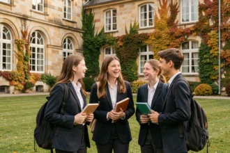 Élèves en uniforme devant une école privée du Haut-Rhin avec façade en pierre alsacienne