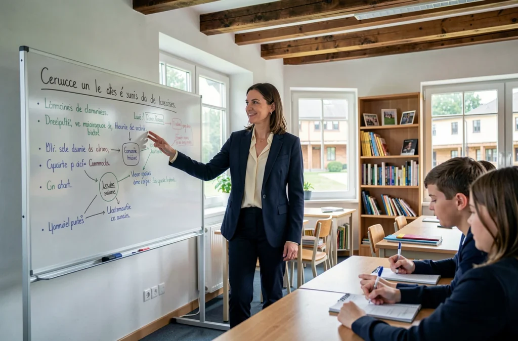 Enseignante dans une salle de classe moderne d'une école privée du Haut-Rhin en Alsace