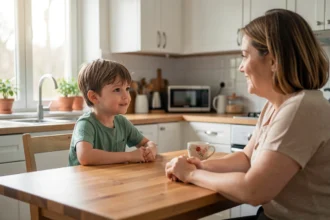 Un garçon de 7 ans discute calmement avec son parent à la table de la cuisine