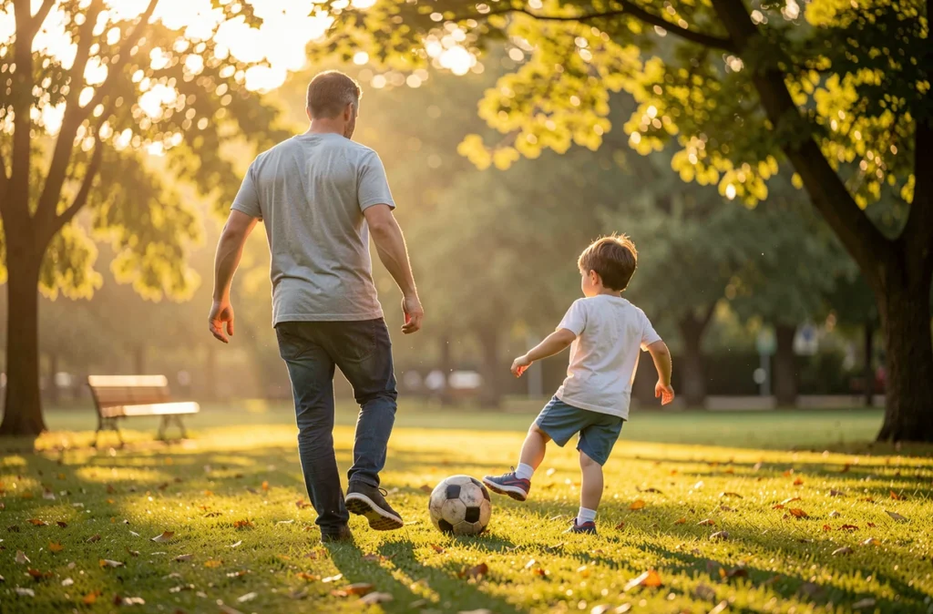 Un père et son fils jouent au ballon dans un parc en fin de journée